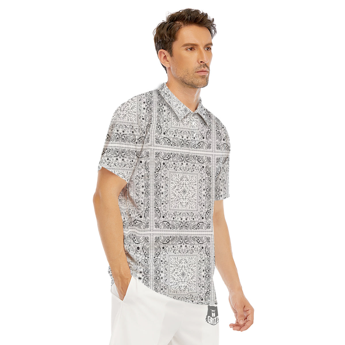Bandana White Paisley Print Pattern Men's Golf Shirts-grizzshop