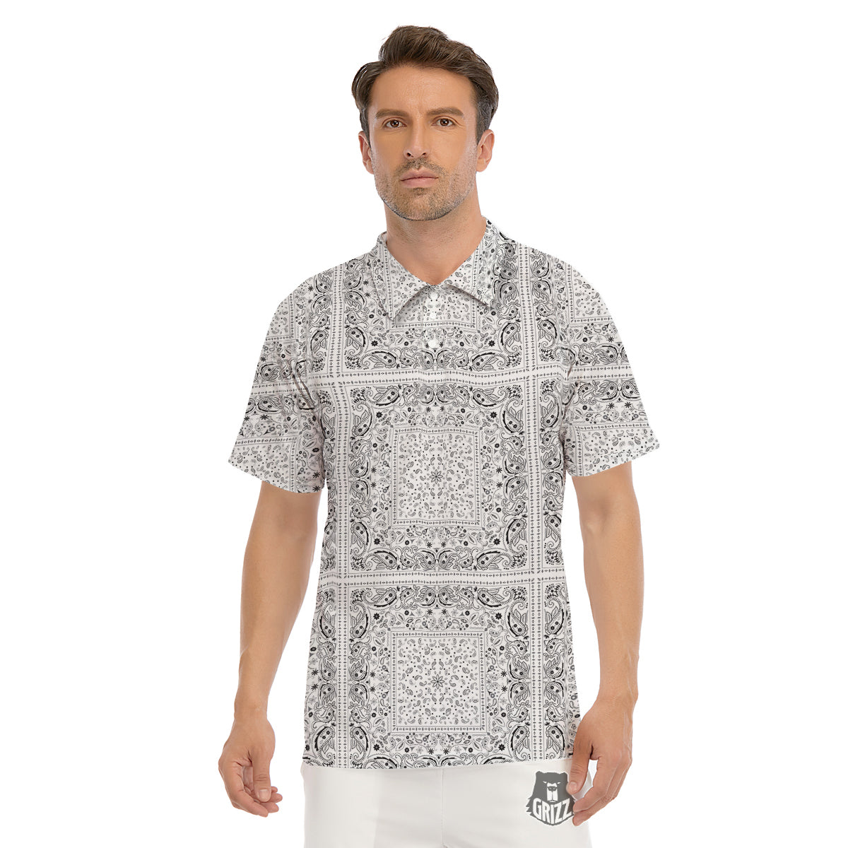Bandana White Paisley Print Pattern Men's Golf Shirts-grizzshop