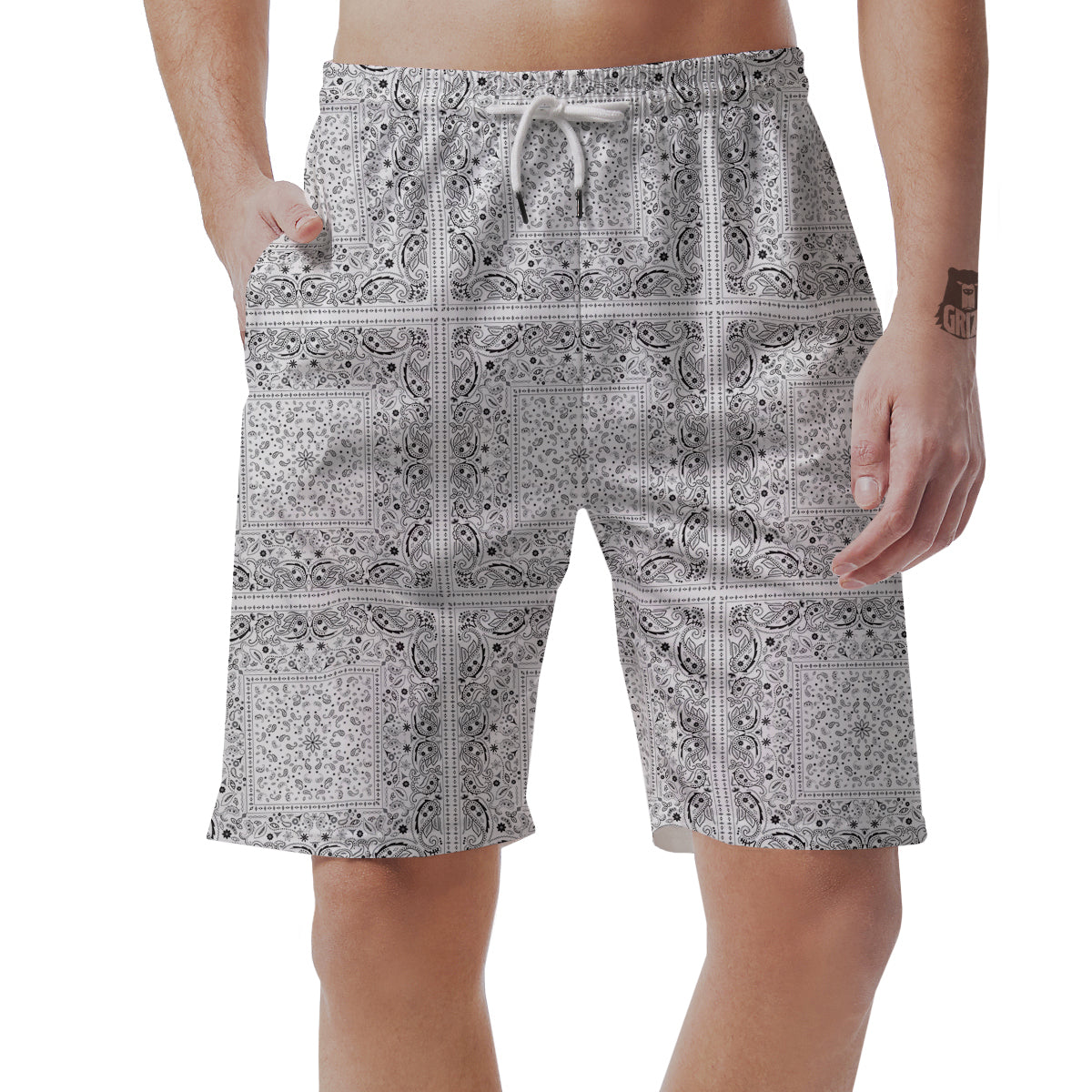 Bandana White Paisley Print Pattern Men's Shorts-grizzshop