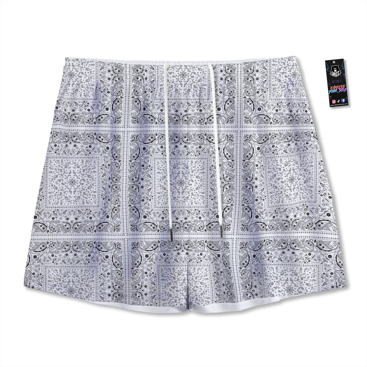 Bandana White Paisley Print Pattern Mesh Shorts