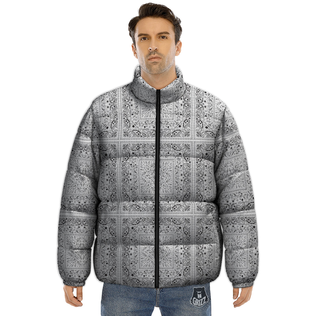Bandana White Paisley Print Pattern Puffer Jacket-grizzshop