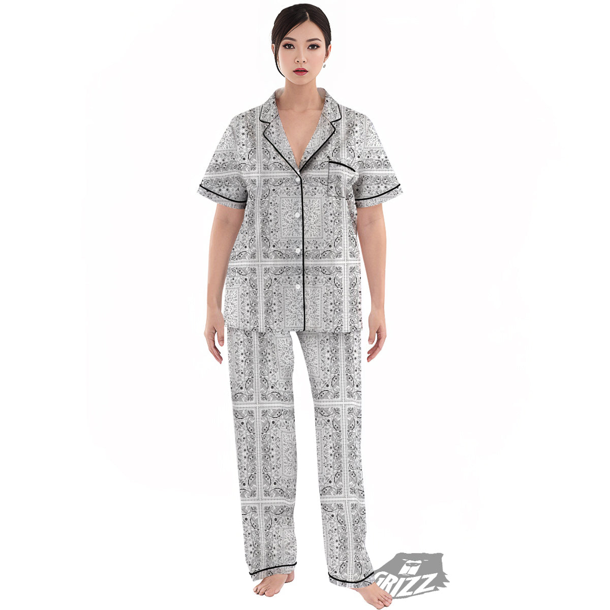 Bandana White Paisley Print Pattern Women's Pajamas Set-grizzshop