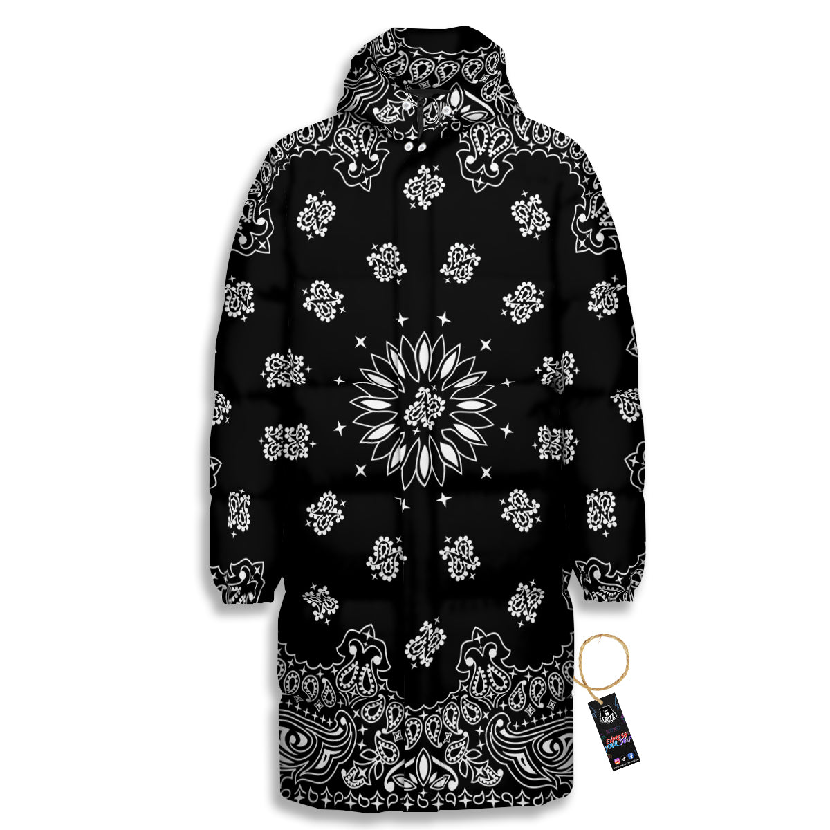 Bandana Black Paisley Print Long Down Jacket
