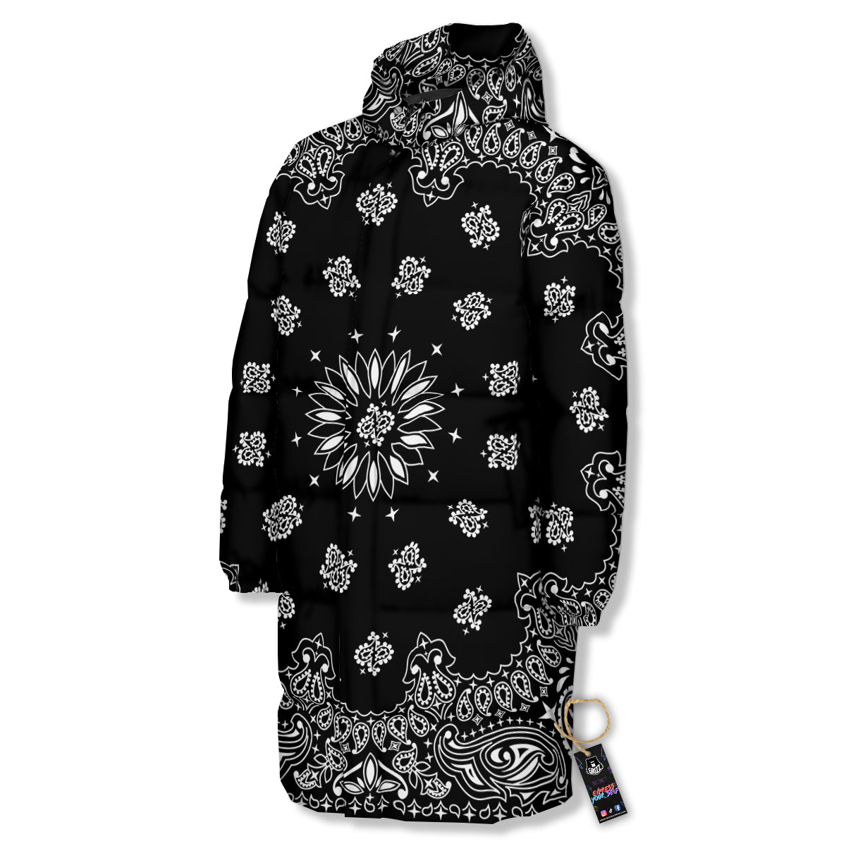 Bandana Black Paisley Print Long Down Jacket