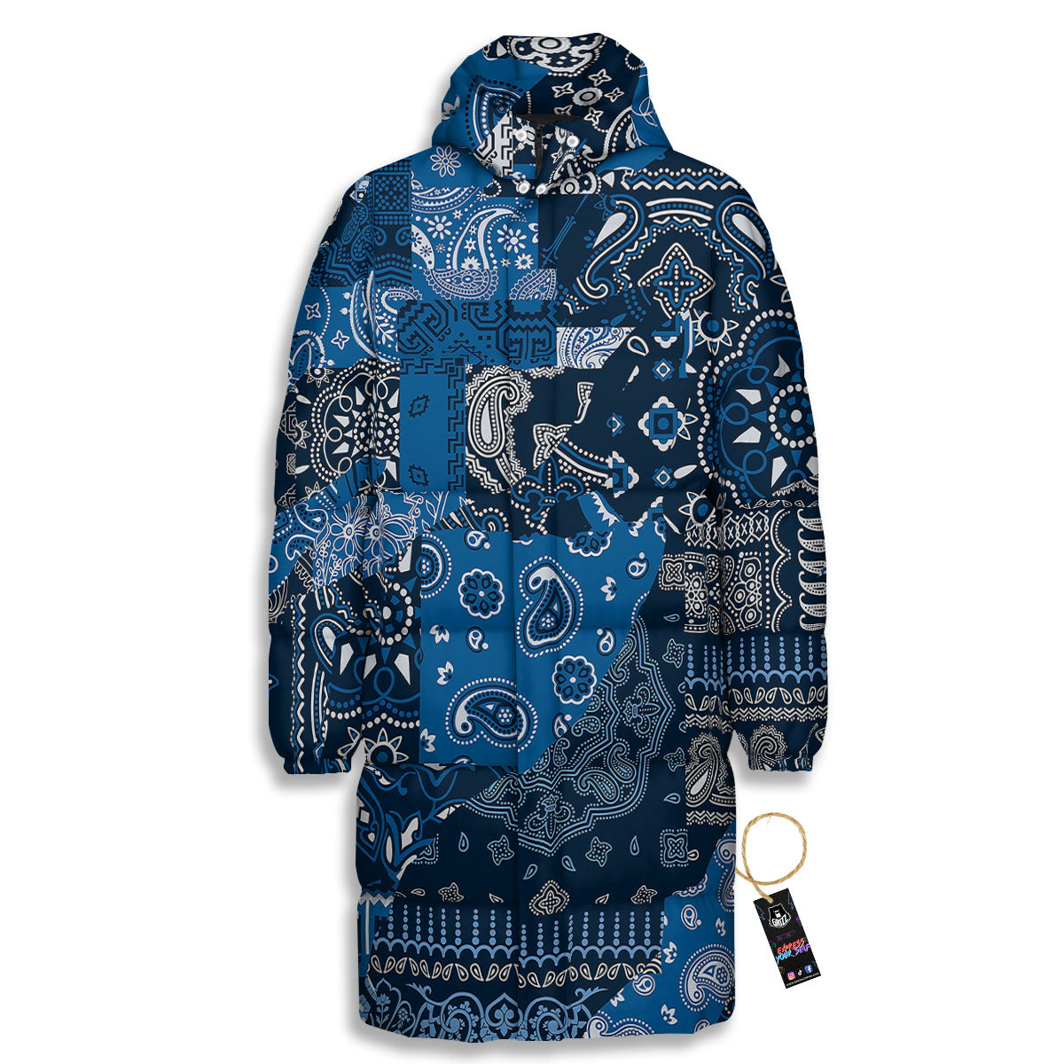 Bandana Blue Paisley Print Pattern Long Down Jacket