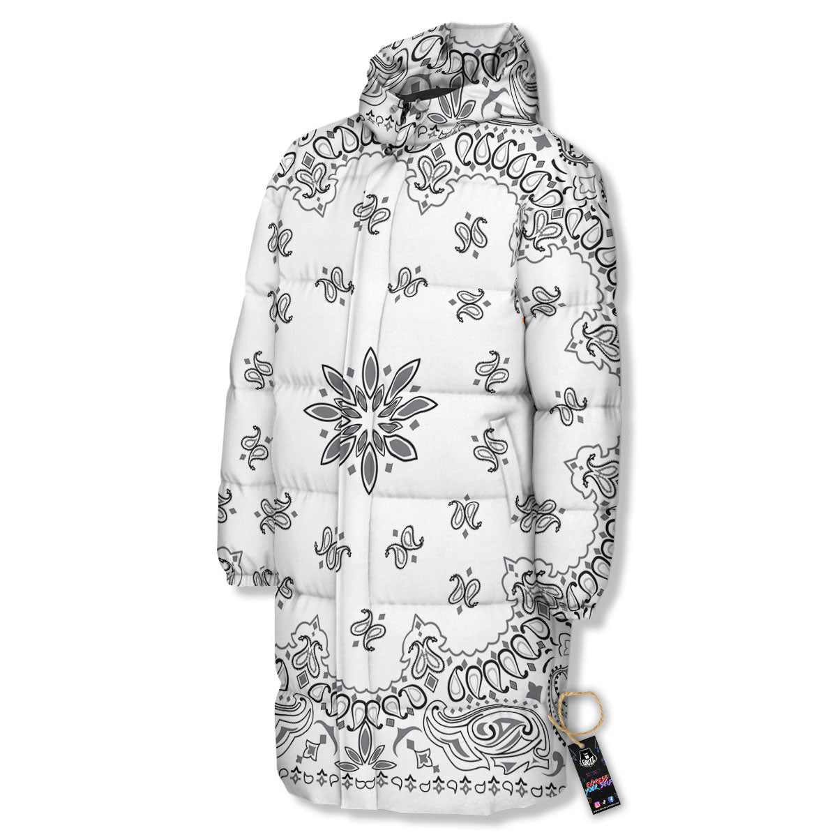 Bandana White And Black Print Long Down Jacket