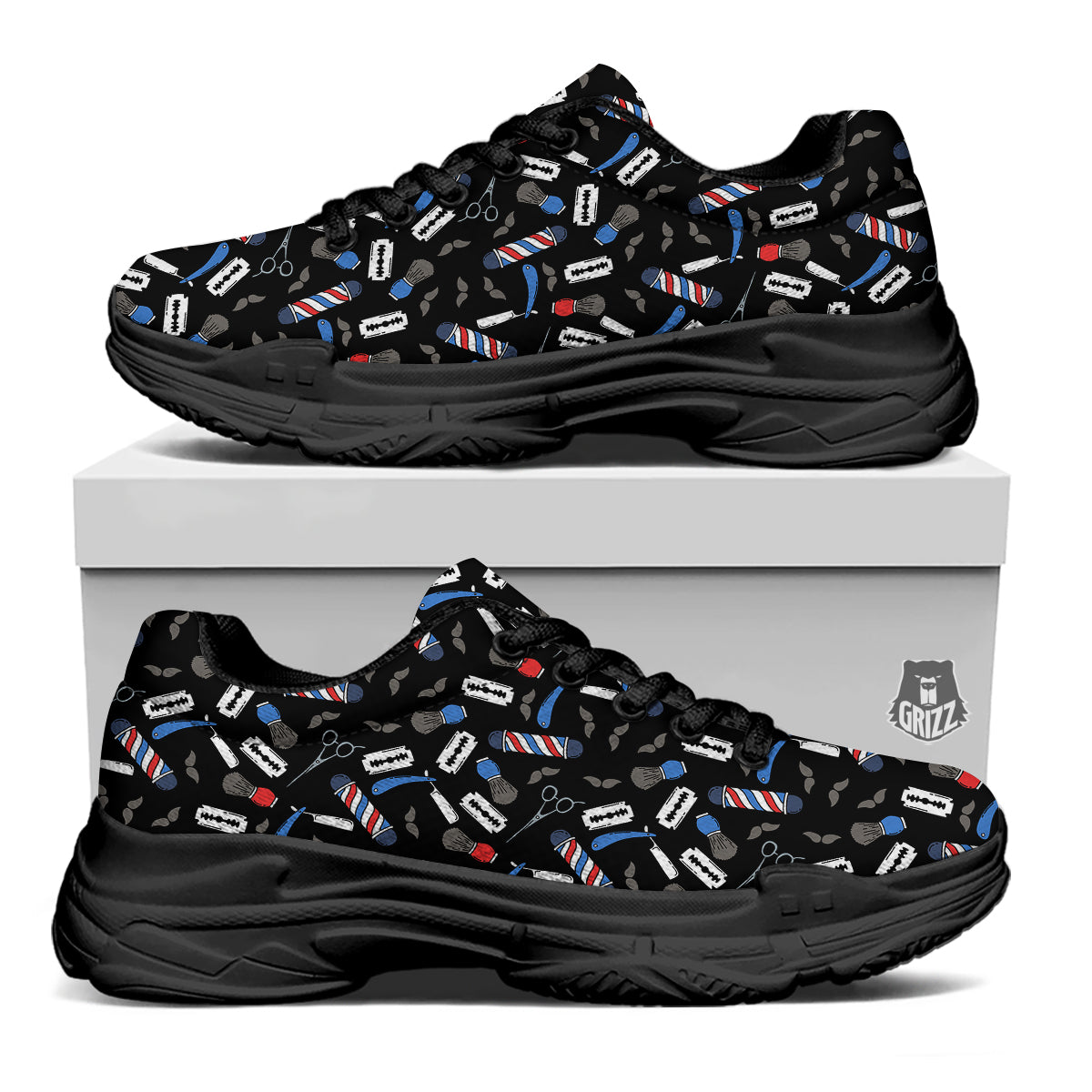 Barber Equipment Print Pattern Black Chunky Shoes-grizzshop