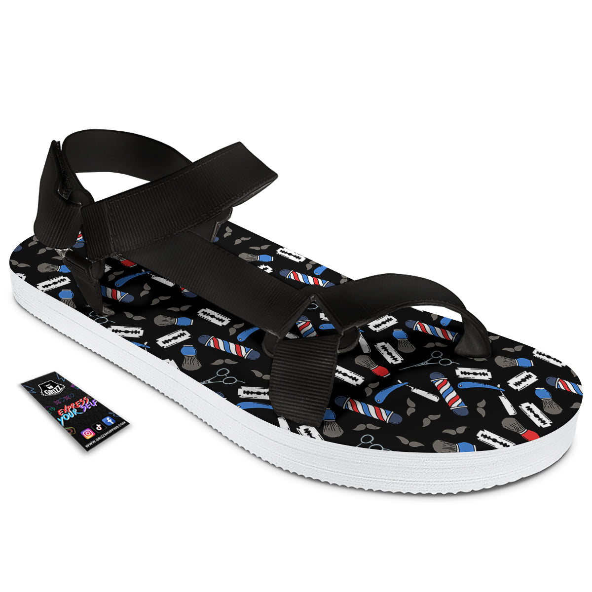 Barber Equipment Print Pattern Black Open Toe Sandals-grizzshop