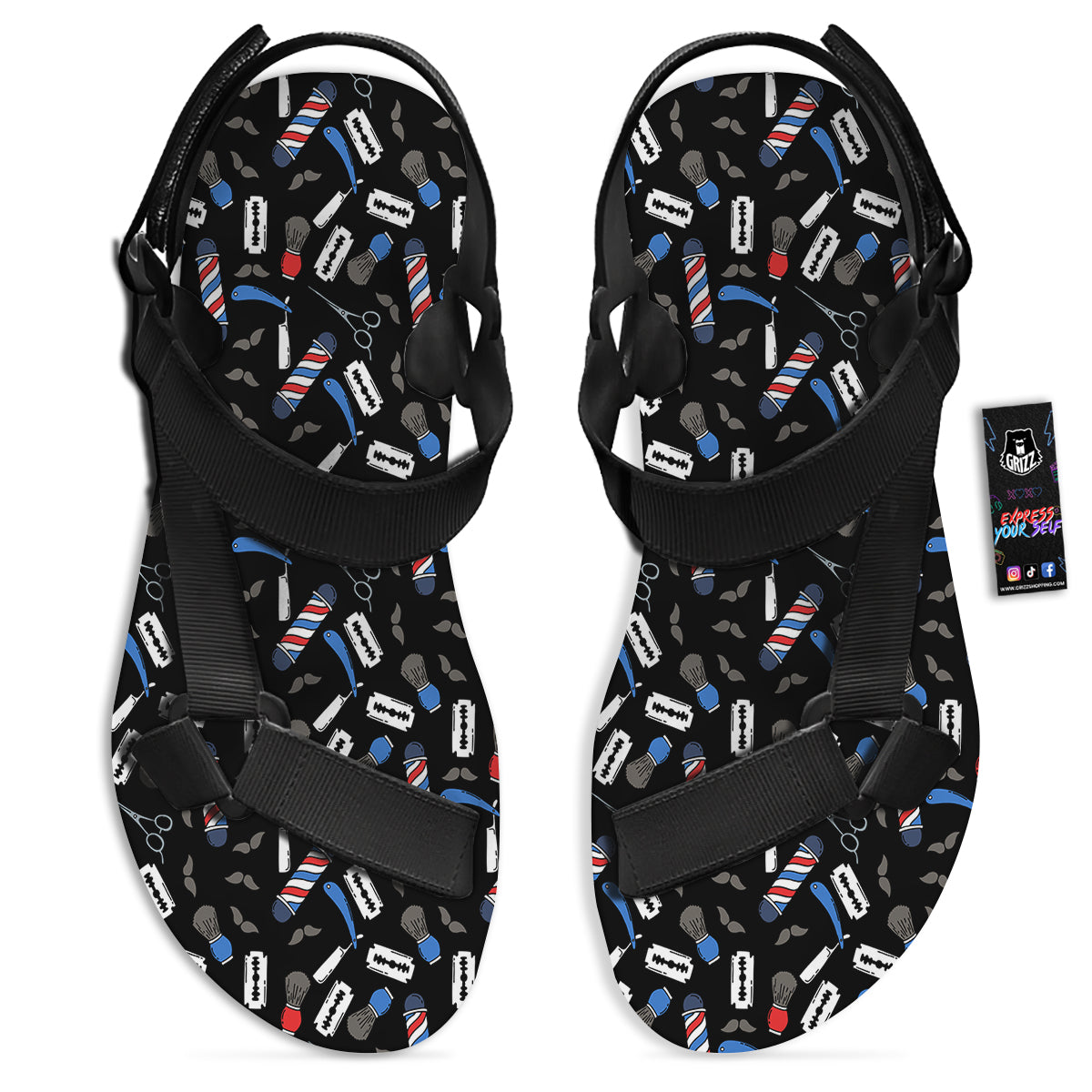 Barber Equipment Print Pattern Black Open Toe Sandals-grizzshop