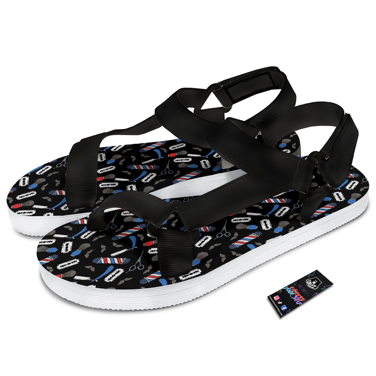 Barber Equipment Print Pattern Black Open Toe Sandals-grizzshop