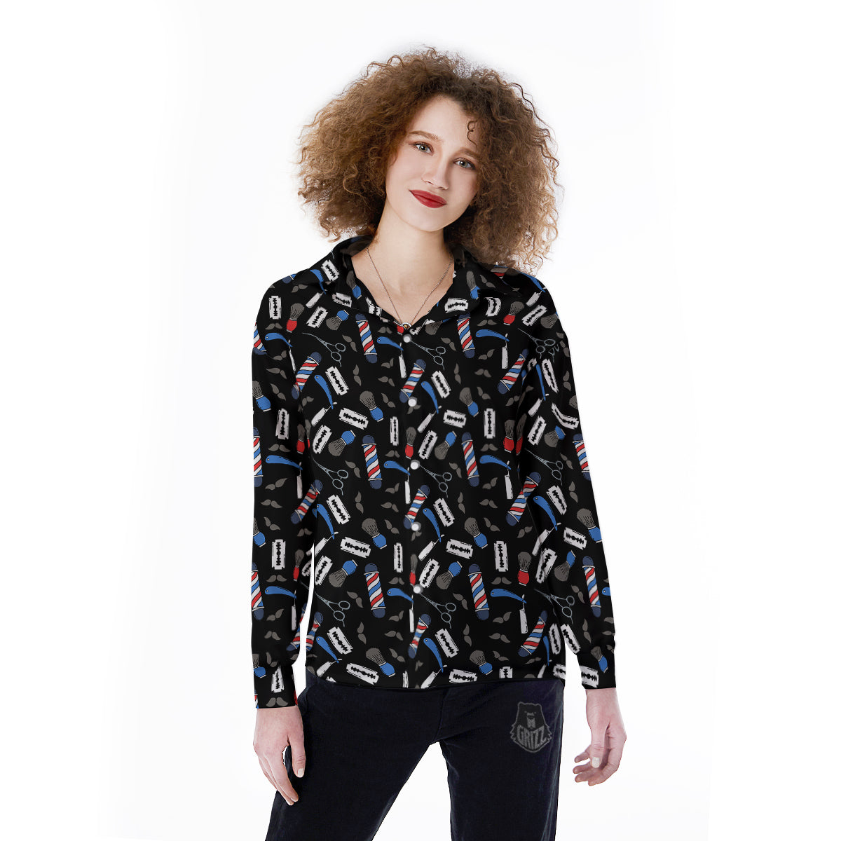 Barber Equipment Print Pattern Women's Long Sleeve Shirts-grizzshop