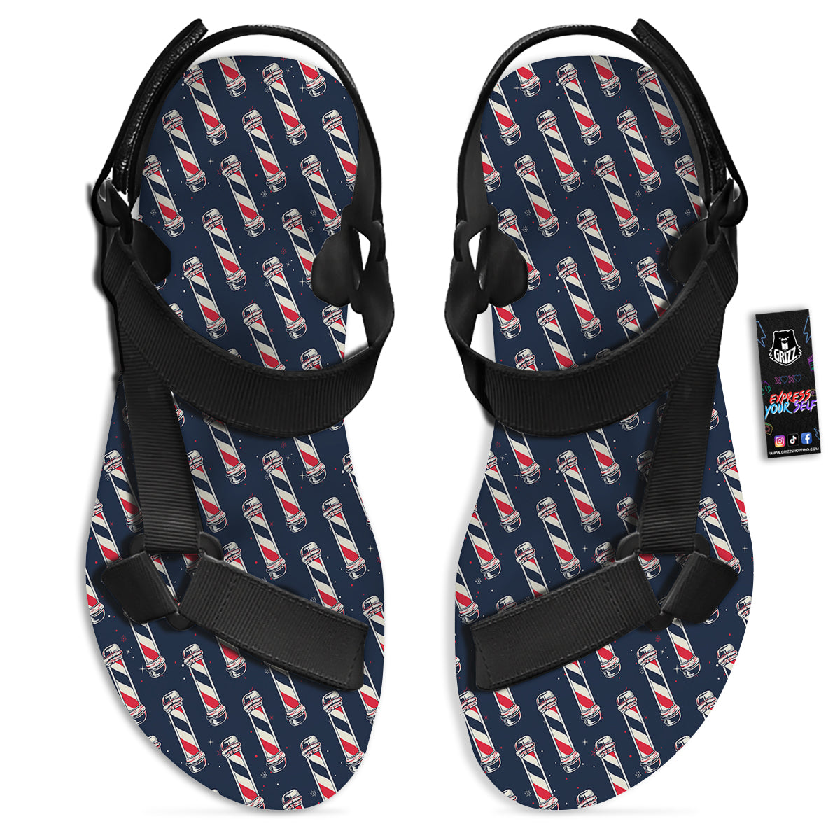 Barber Pole Print Pattern Black Open Toe Sandals-grizzshop