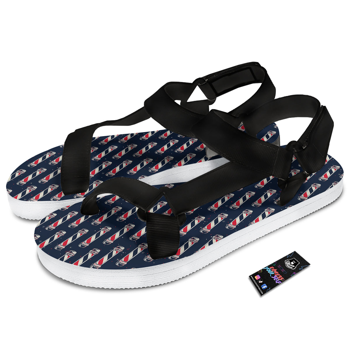 Barber Pole Print Pattern Black Open Toe Sandals-grizzshop
