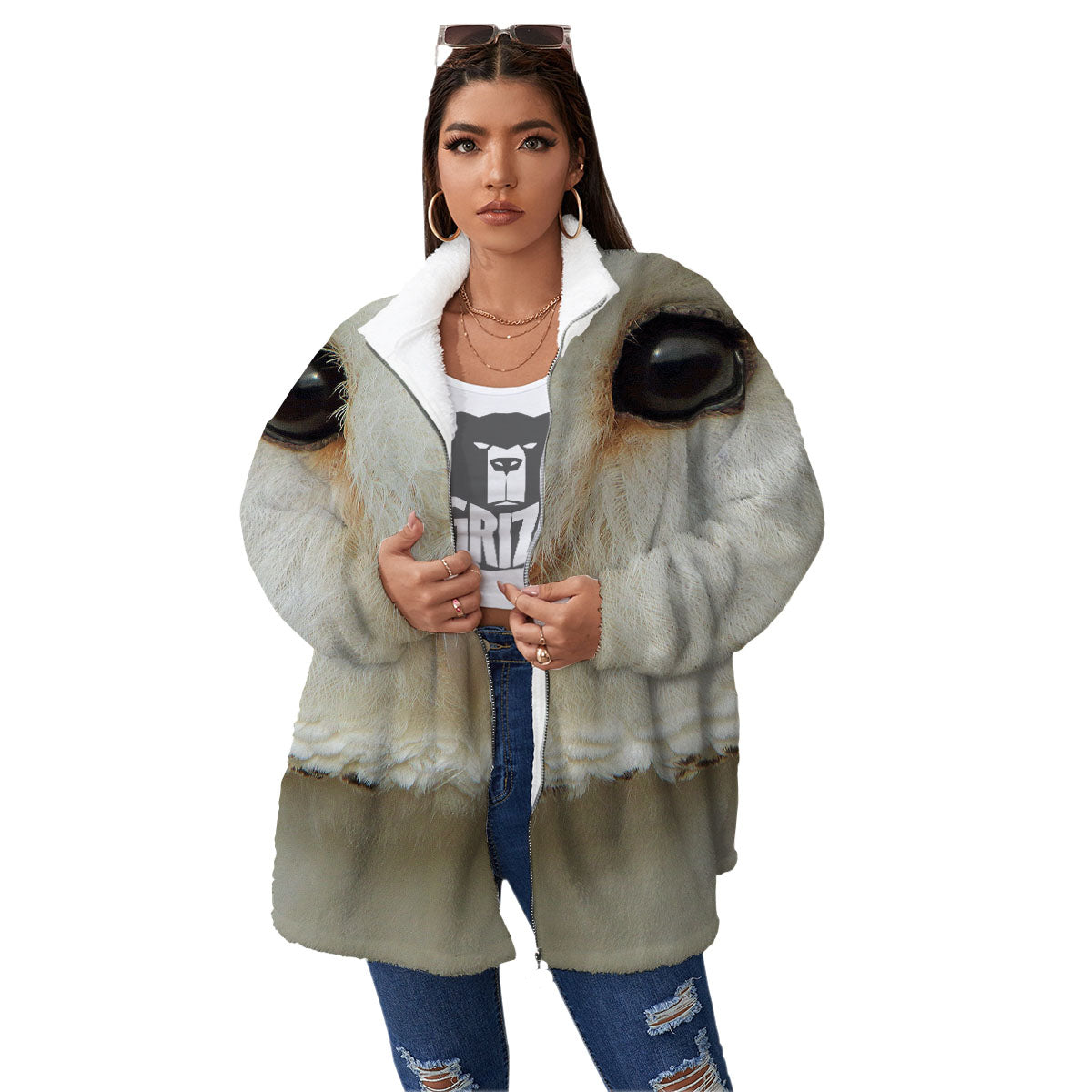 Barn Owl Print Women's Sherpa Jacket-grizzshop
