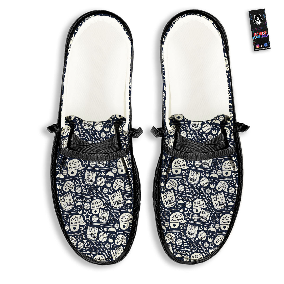 Baseball Black Print Pattern Black Loafers-grizzshop