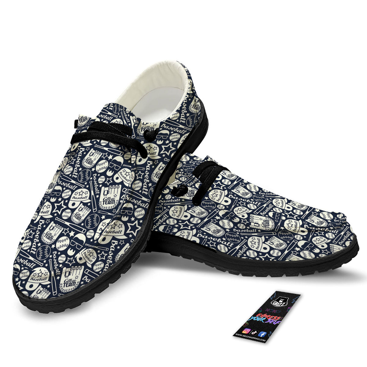Baseball Black Print Pattern Black Loafers-grizzshop