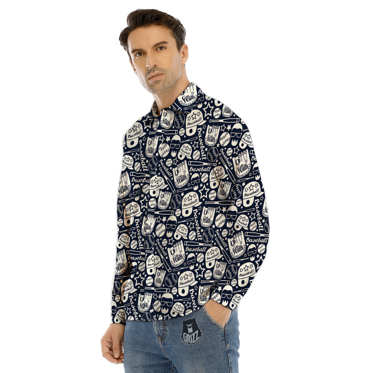 Baseball Black Print Pattern Men's Dress Shirts-grizzshop