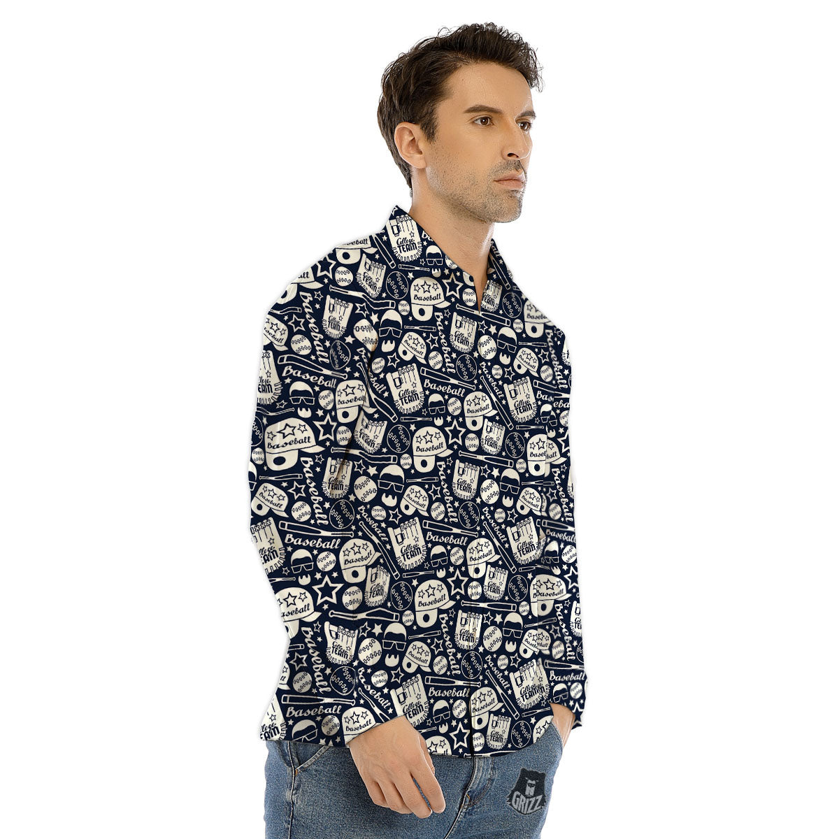 Baseball Black Print Pattern Men's Dress Shirts-grizzshop