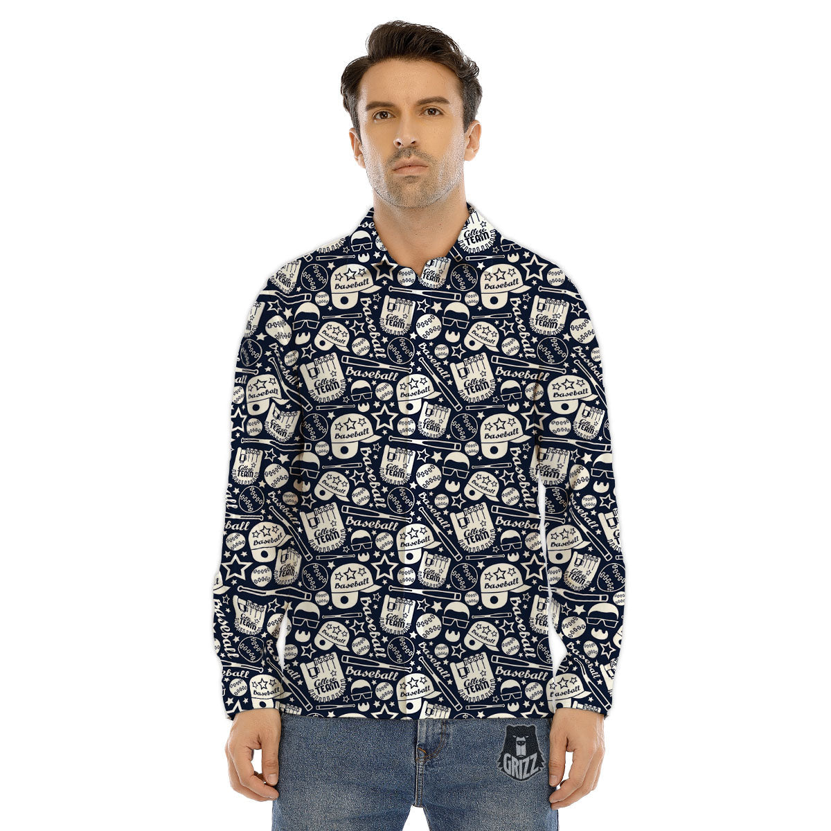 Baseball Black Print Pattern Men's Dress Shirts-grizzshop