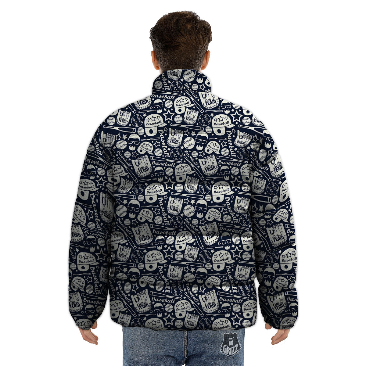 Baseball Black Print Pattern Puffer Jacket-grizzshop