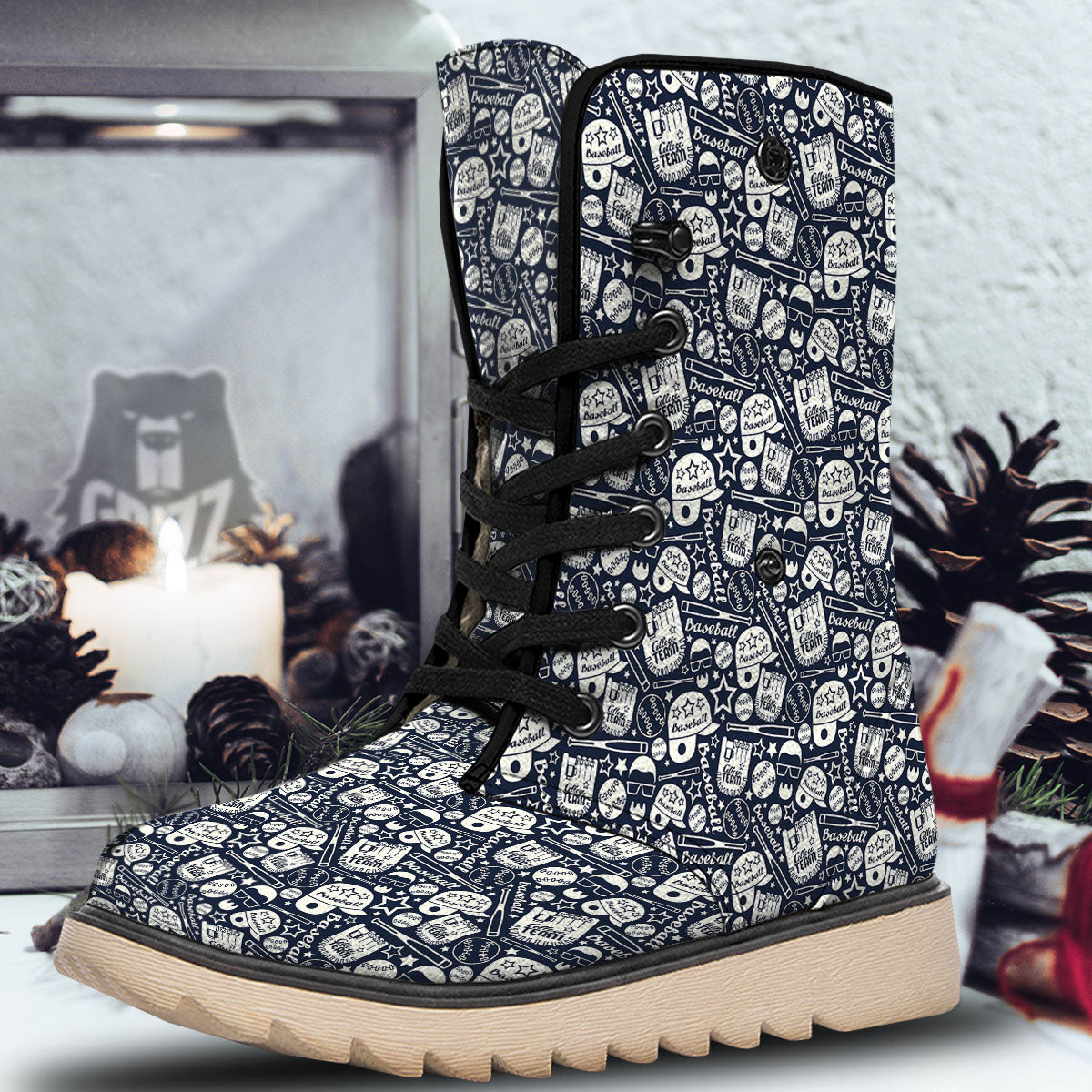 Baseball Black Print Pattern Snow Boots-grizzshop