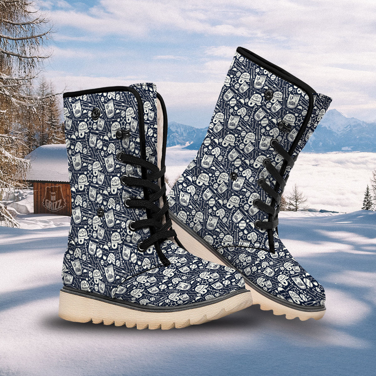 Baseball Black Print Pattern Snow Boots-grizzshop