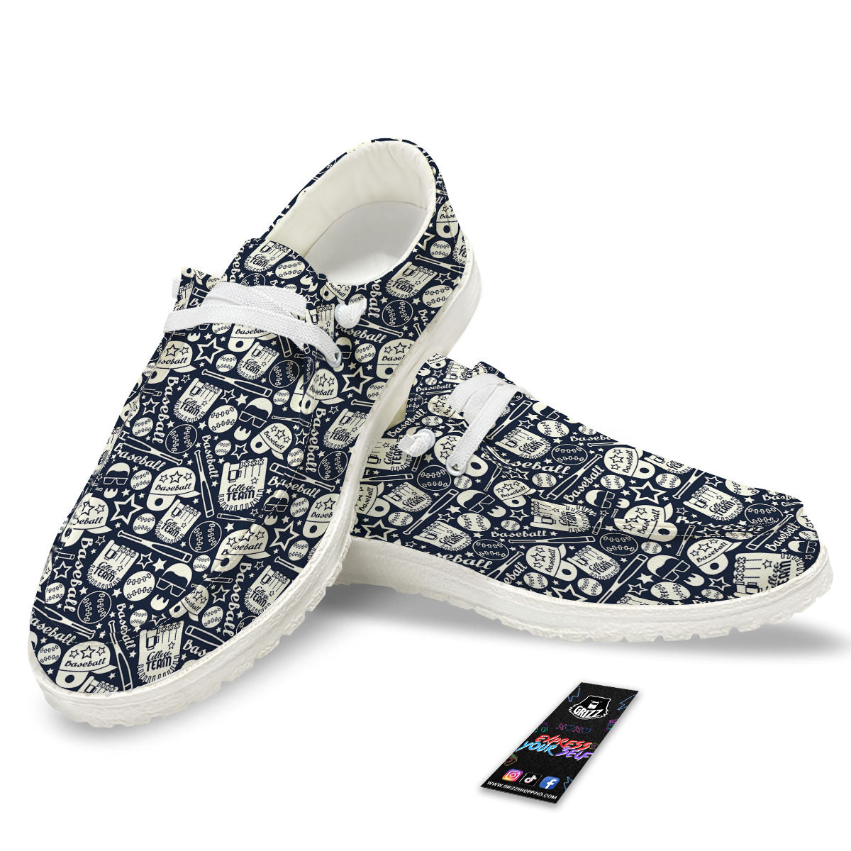 Baseball Black Print Pattern White Loafers-grizzshop
