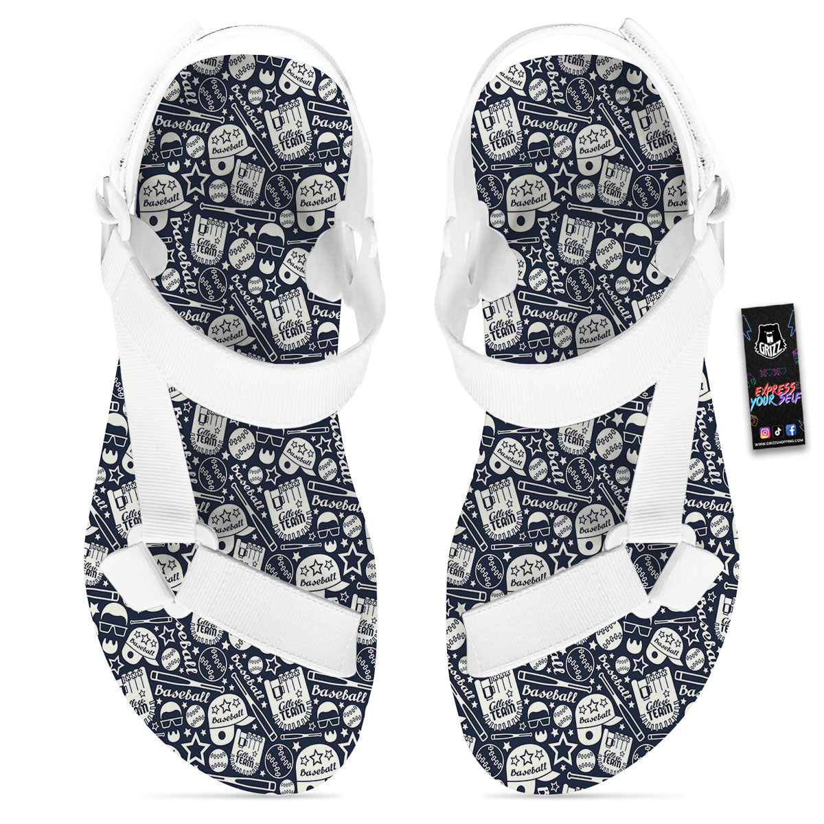 Baseball Black Print Pattern White Open Toe Sandals-grizzshop