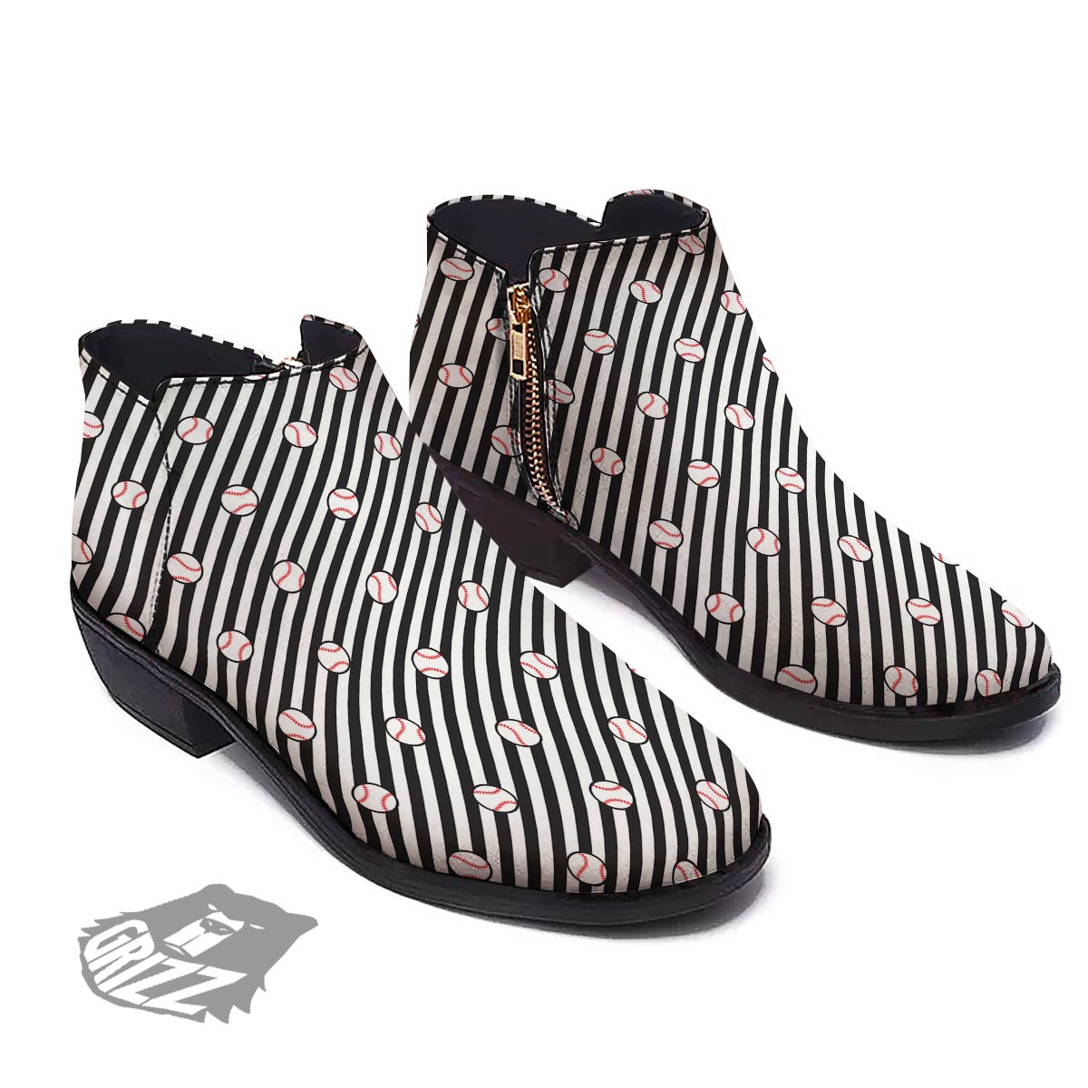 Baseball Black Striped Print Pattern Ankle Boots-grizzshop