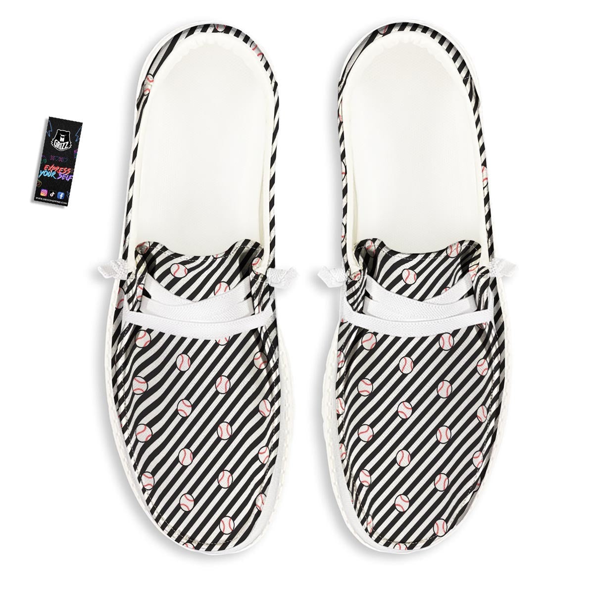 Baseball Black Striped Print Pattern Black Loafers-grizzshop