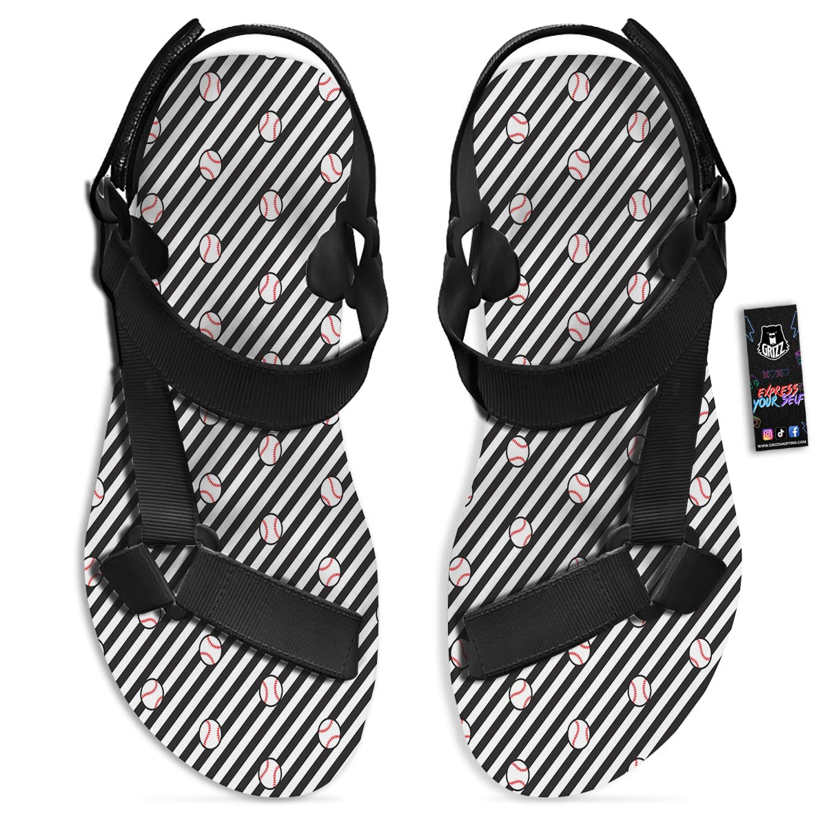 Baseball Black Striped Print Pattern Black Open Toe Sandals-grizzshop