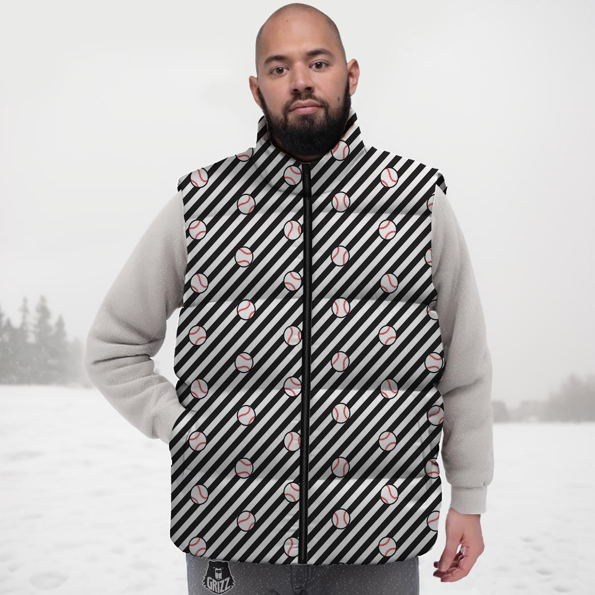 Baseball Black Striped Print Pattern Down Vest