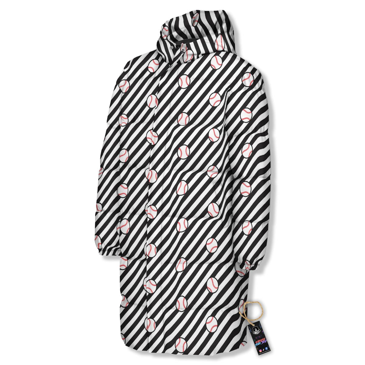 Baseball Black Striped Print Pattern Long Down Jacket-grizzshop