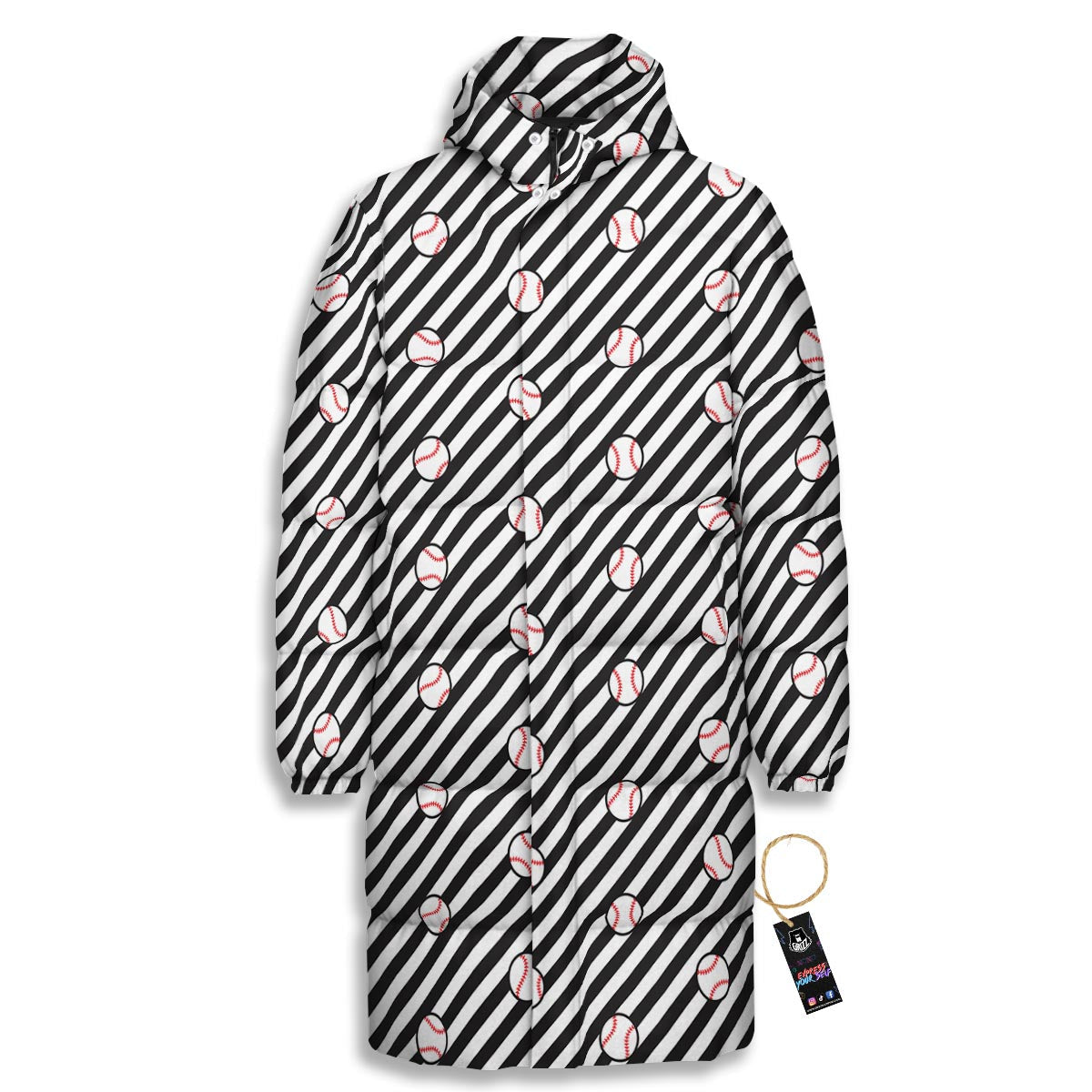 Baseball Black Striped Print Pattern Long Down Jacket-grizzshop