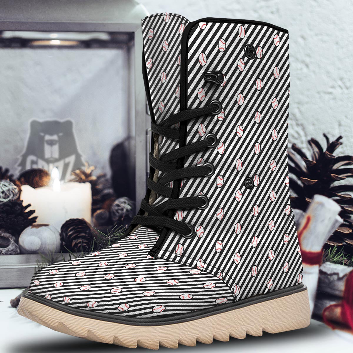 Baseball Black Striped Print Pattern Snow Boots-grizzshop