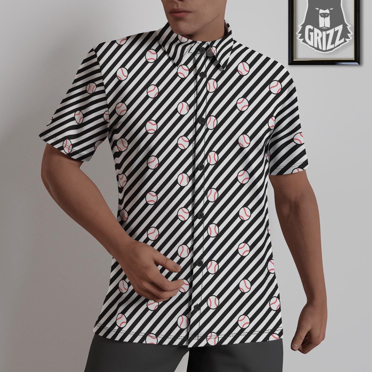 Baseball Black Striped Print Pattern Untucked Shirts-grizzshop