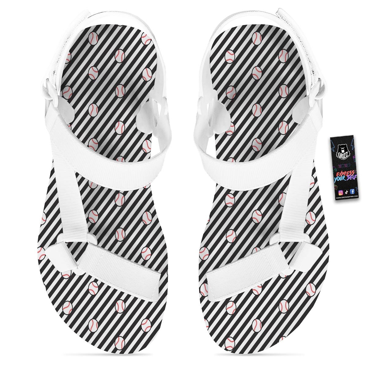 Baseball Black Striped Print Pattern White Open Toe Sandals-grizzshop