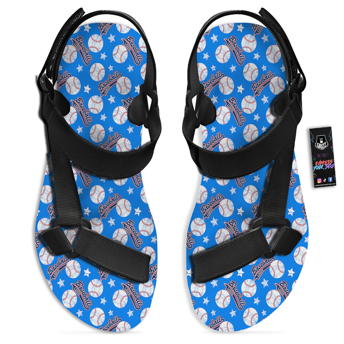 Baseball Blue Print Pattern Black Open Toe Sandals-grizzshop