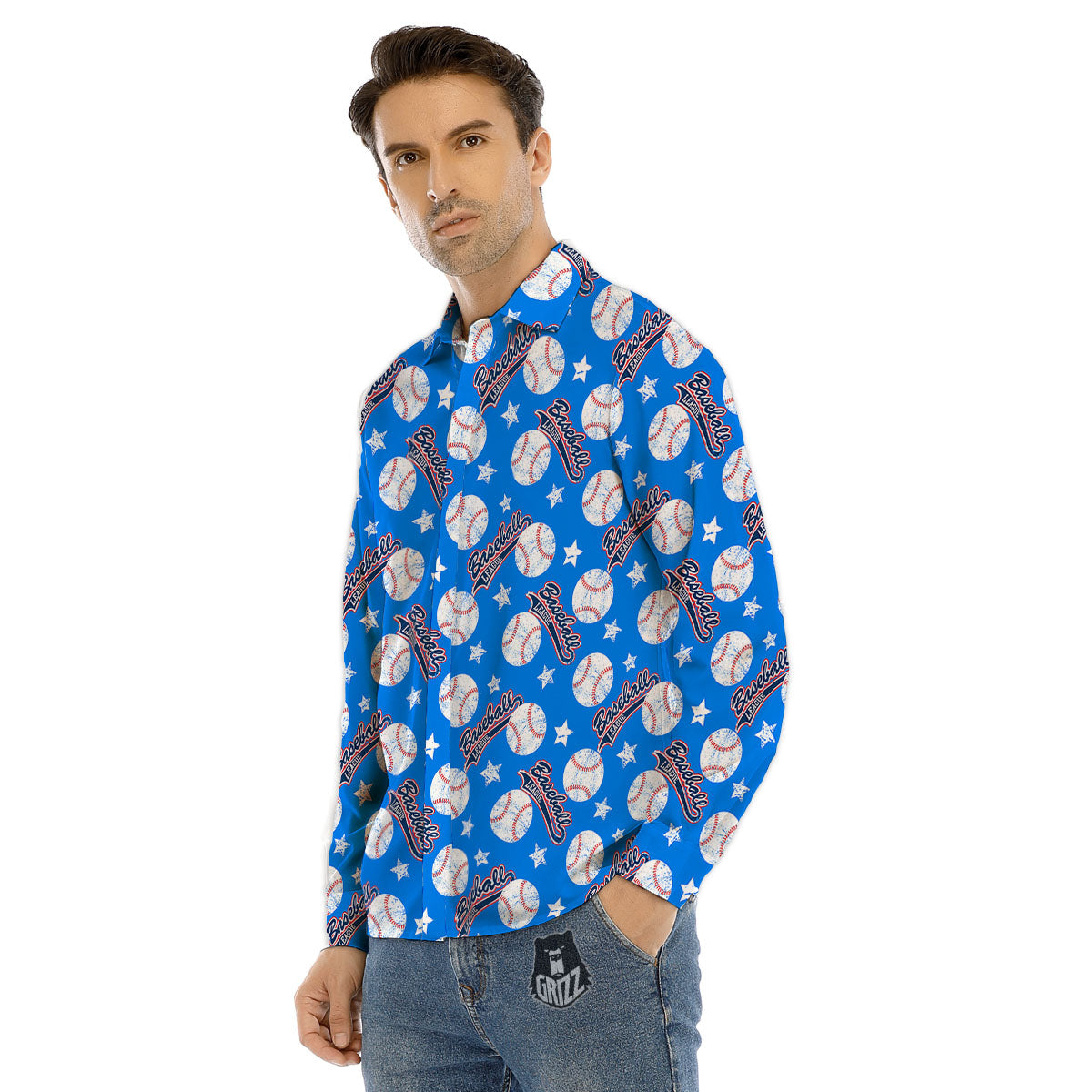 Baseball Blue Print Pattern Men's Dress Shirts-grizzshop