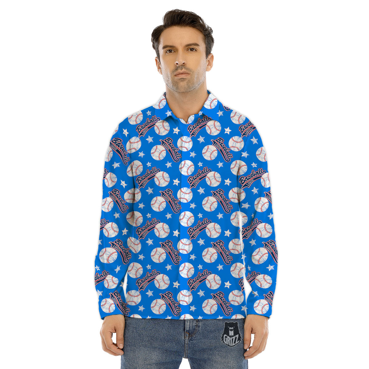 Baseball Blue Print Pattern Men's Dress Shirts-grizzshop