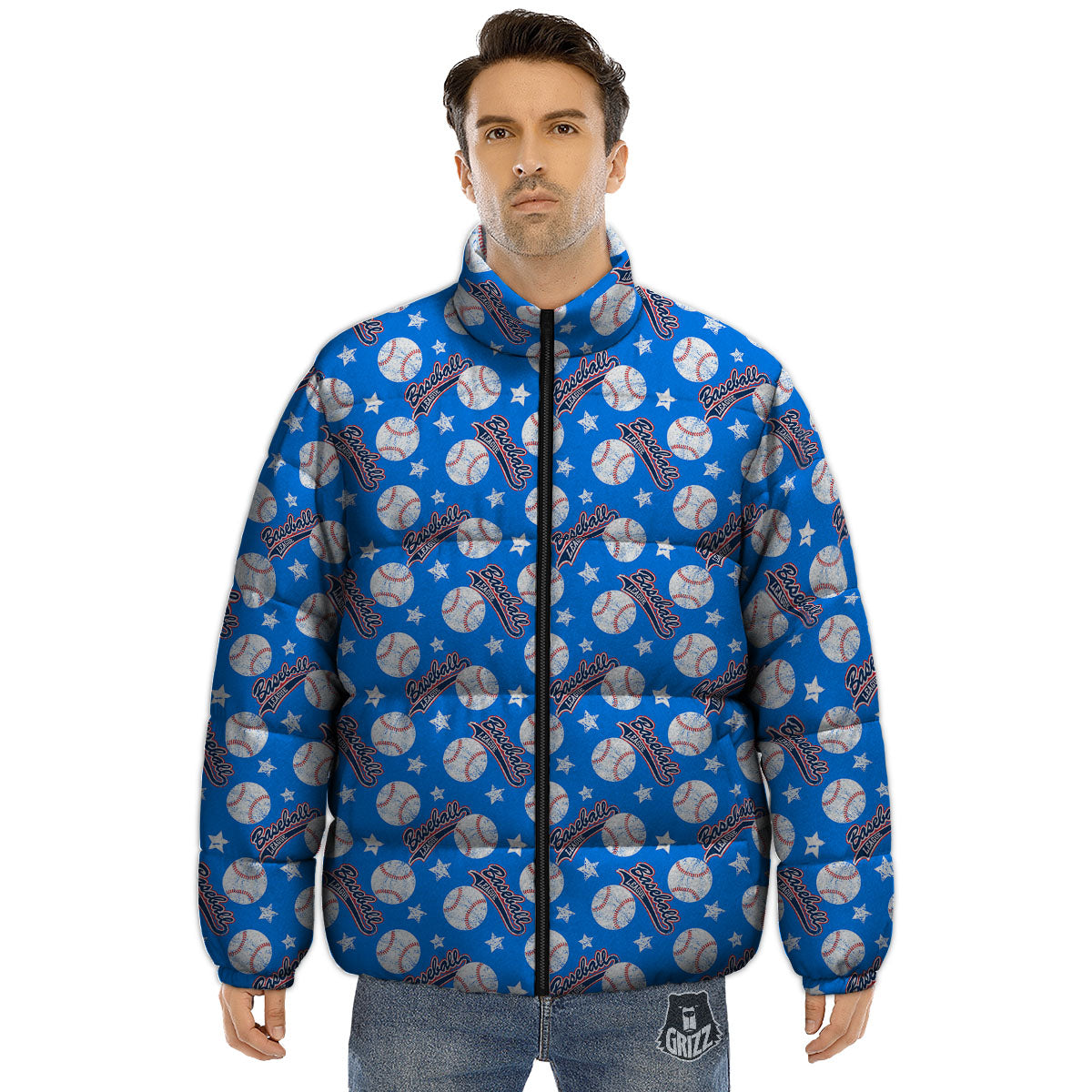 Baseball Blue Print Pattern Puffer Jacket-grizzshop