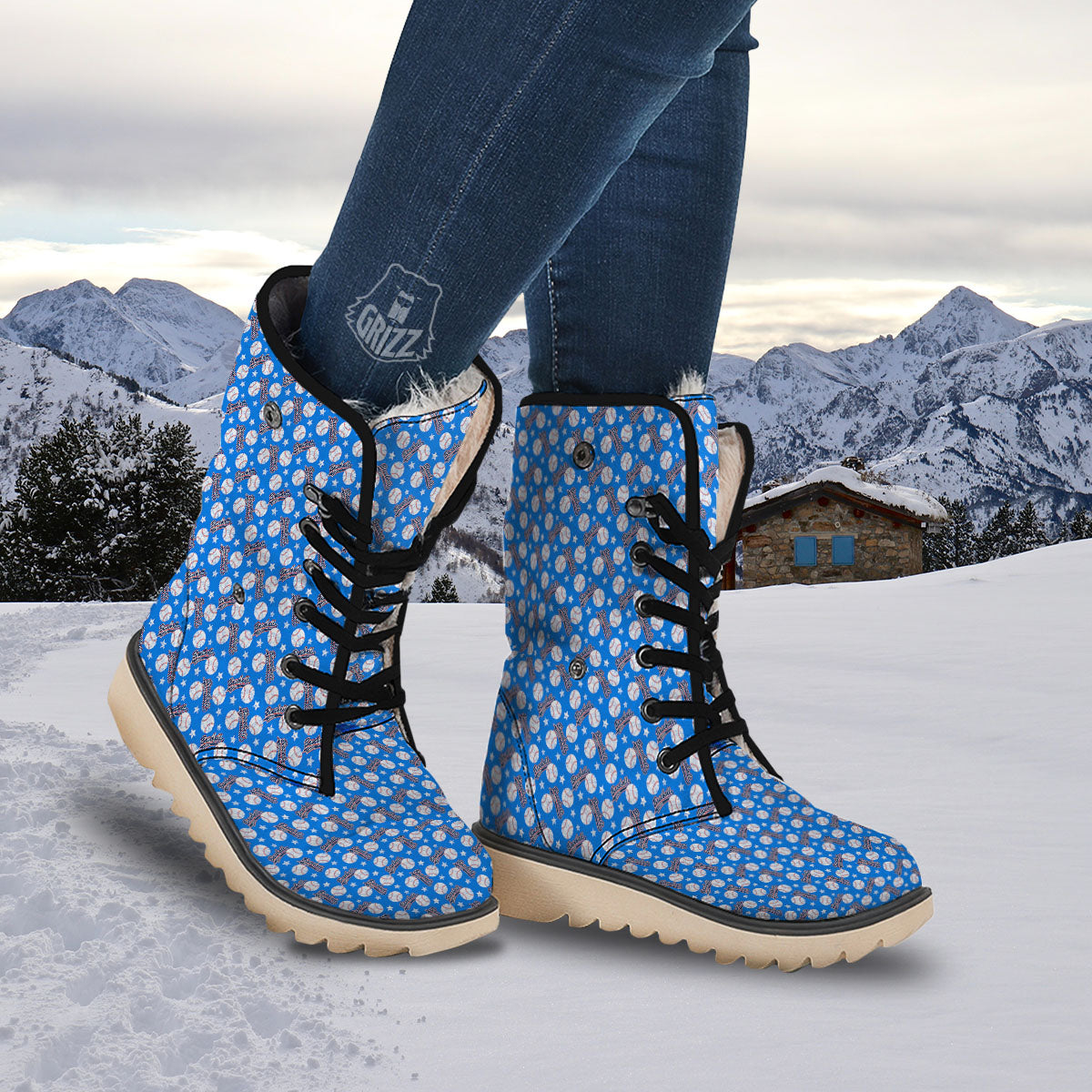 Baseball Blue Print Pattern Snow Boots-grizzshop