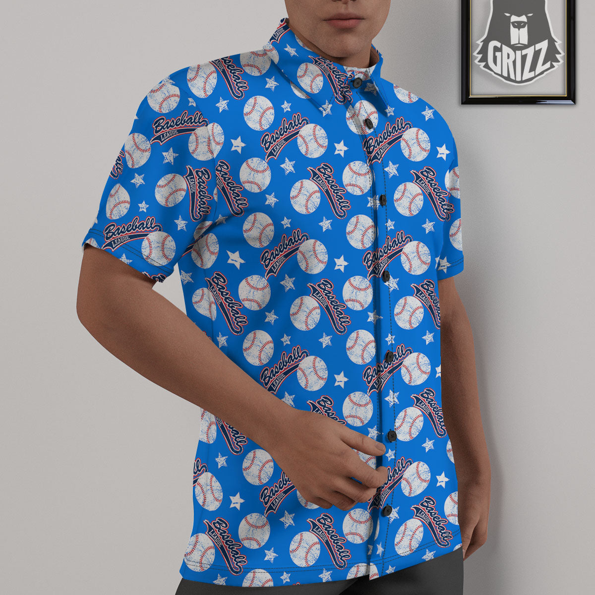 Baseball Blue Print Pattern Untucked Shirts-grizzshop