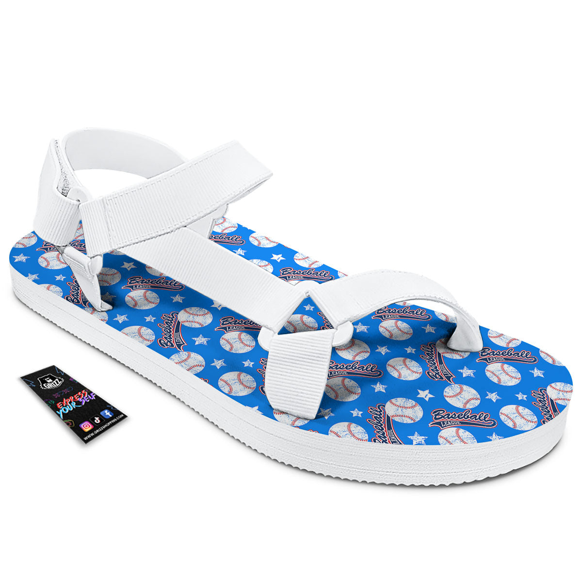 Baseball Blue Print Pattern White Open Toe Sandals-grizzshop