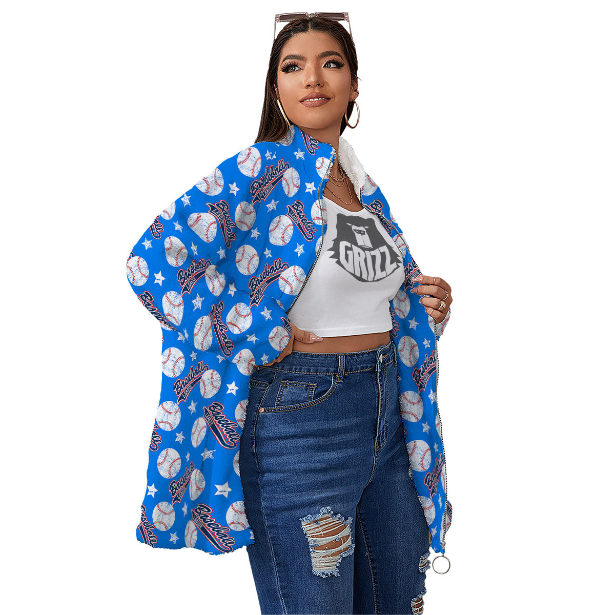 Baseball Blue Print Pattern Women's Sherpa Jacket-grizzshop