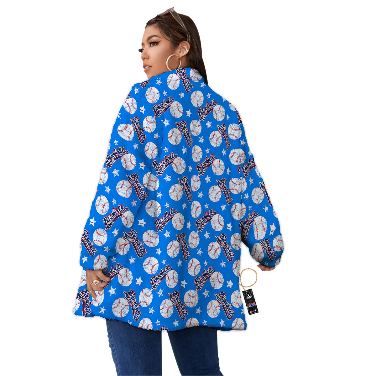 Baseball Blue Print Pattern Women's Sherpa Jacket-grizzshop