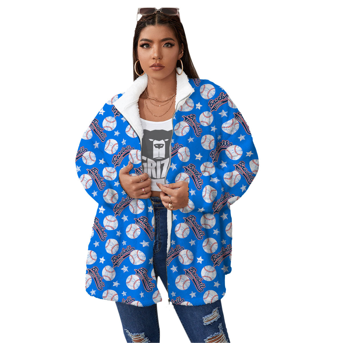 Baseball Blue Print Pattern Women's Sherpa Jacket-grizzshop
