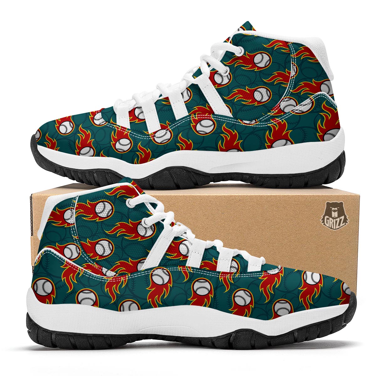 Baseball Fire Pattern Print White Bball Shoes-grizzshop