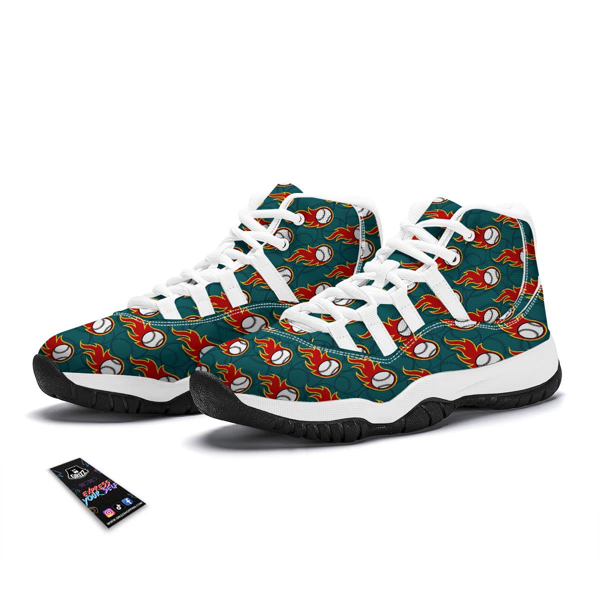 Baseball Fire Pattern Print White Bball Shoes-grizzshop