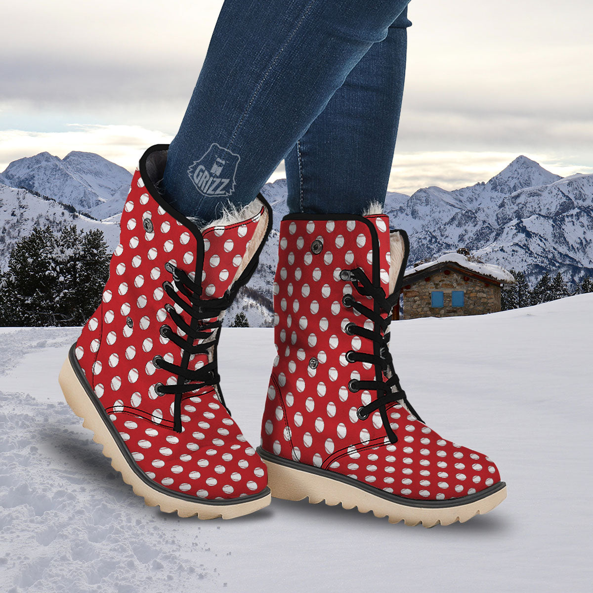 Baseball Red Print Pattern Snow Boots-grizzshop